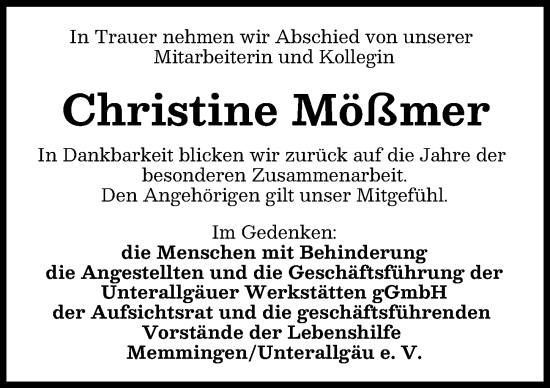 Traueranzeige von Christine Mößmer von Mindelheimer Zeitung