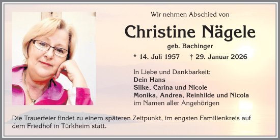 Traueranzeige von Christine Nägele von Mindelheimer Zeitung