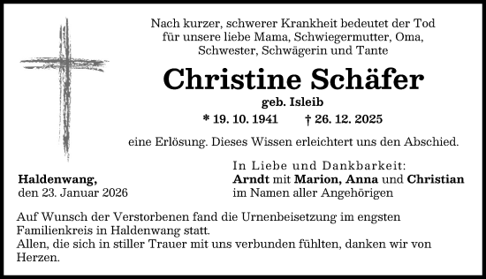 Traueranzeige von Christine Schäfer von Günzburger Zeitung