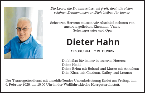 Traueranzeige von Dieter Hahn von Friedberger Allgemeine