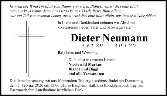 Traueranzeige von Dieter Neumann von Rieser Nachrichten
