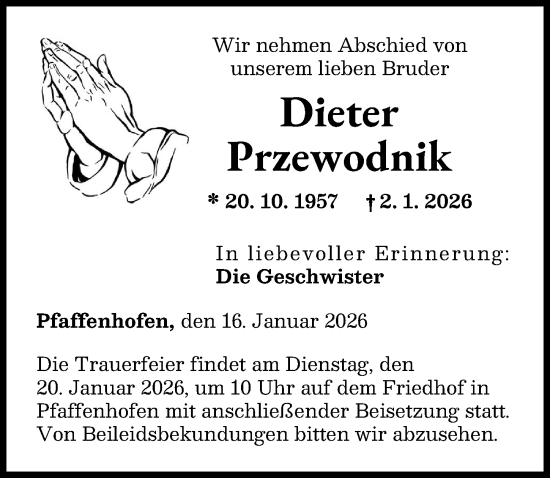 Traueranzeige von Dieter Przewodnik von Neu-Ulmer Zeitung