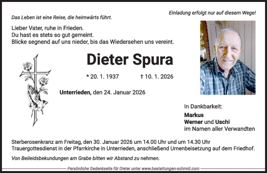 Traueranzeige von Dieter Spura von Mindelheimer Zeitung