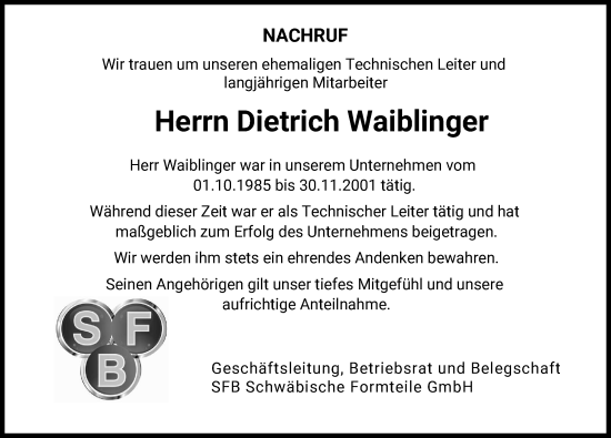 Traueranzeige von Dietrich Waiblinger von Illertisser Zeitung