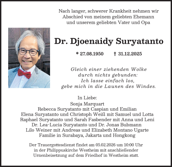 Traueranzeige von Djoenaidy Suryatanto von Augsburger Allgemeine