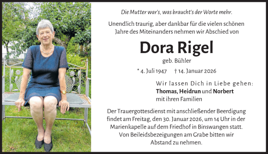 Traueranzeige von Dora Rigel von Wertinger Zeitung, Donau Zeitung