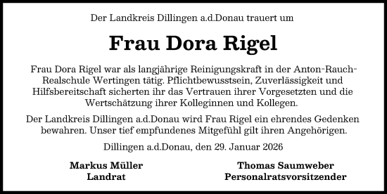 Traueranzeige von Dora Rigel von Donau Zeitung