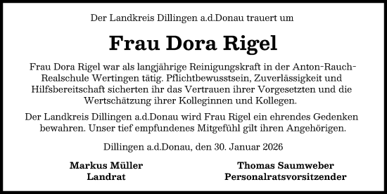 Traueranzeige von Dora Rigel von Wertinger Zeitung