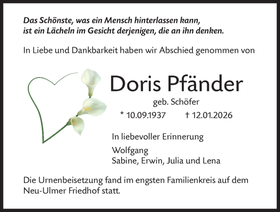 Traueranzeige von Doris Pfänder von Neu-Ulmer Zeitung, Augsburger Allgemeine