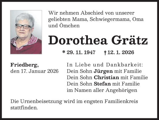Traueranzeige von Dorothea Grätz von Friedberger Allgemeine
