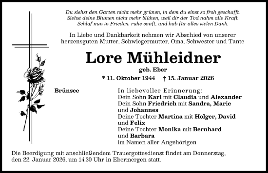 Traueranzeige von Lore Mühleidner von Donauwörther Zeitung