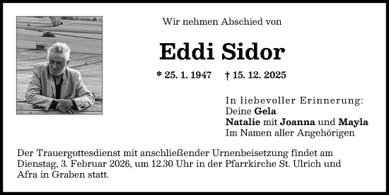 Traueranzeige von Eddi Sidor von Schwabmünchner Allgemeine