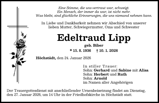 Traueranzeige von Edeltraud Lipp von Donau Zeitung