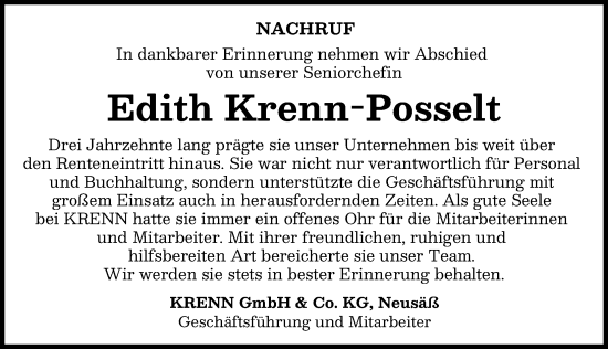 Traueranzeige von Edith Krenn-Posselt von Augsburger Allgemeine