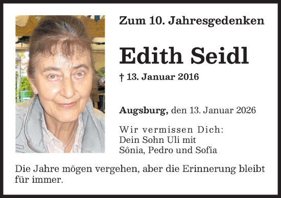 Traueranzeige von Edith Seidl von Augsburger Allgemeine