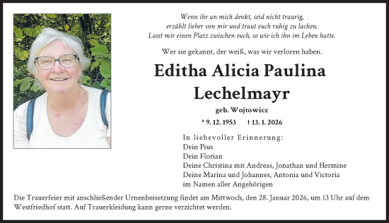 Traueranzeige von Editha Alicia Paulina Lechelmayr von Augsburger Allgemeine