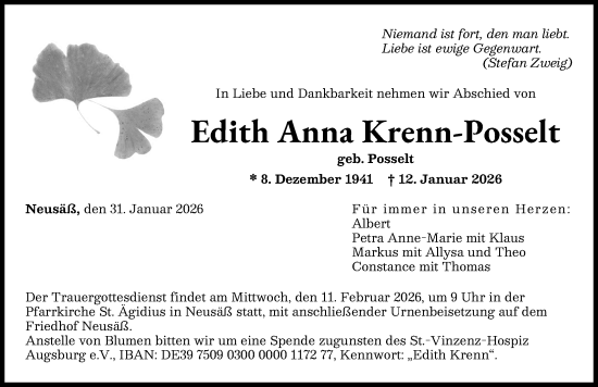 Traueranzeige von Edith Anna Krenn-Posselt von Augsburger Allgemeine