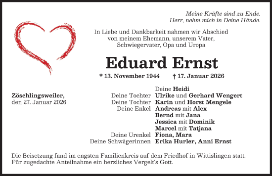 Traueranzeige von Eduard Ernst von Donau Zeitung