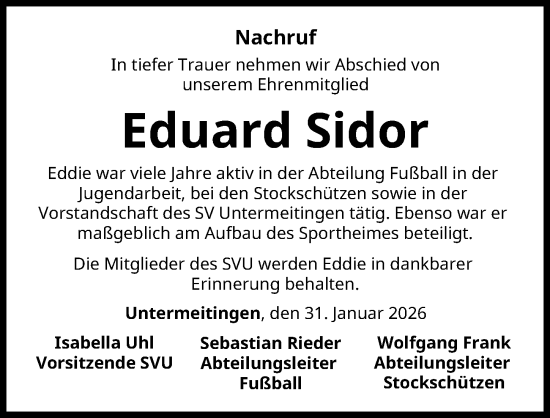 Traueranzeige von Eduard Sidor von Schwabmünchner Allgemeine