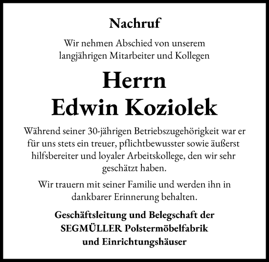 Traueranzeige von Edwin Koziolek von Friedberger Allgemeine, Augsburg-Land