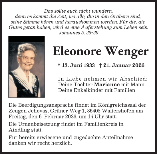 Traueranzeige von Eleonore Wenger von Aichacher Nachrichten