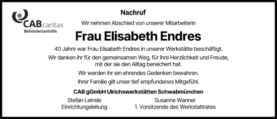 Traueranzeige von Elisabeth Endres von Schwabmünchner Allgemeine