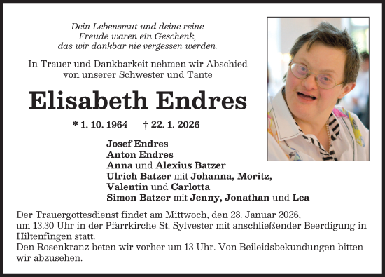 Traueranzeige von Elisabeth Endres von Schwabmünchner Allgemeine