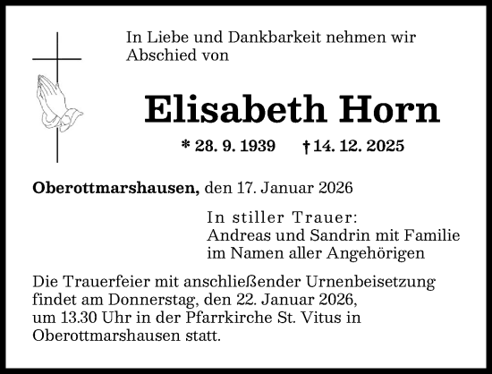 Traueranzeige von Elisabeth Horn von Augsburger Allgemeine