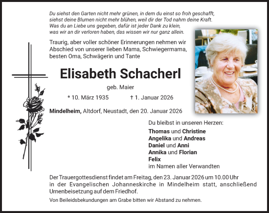 Traueranzeige von Elisabeth Schacherl von Mindelheimer Zeitung