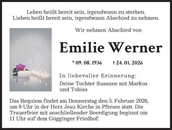 Traueranzeige von Emilie Werner von Augsburger Allgemeine