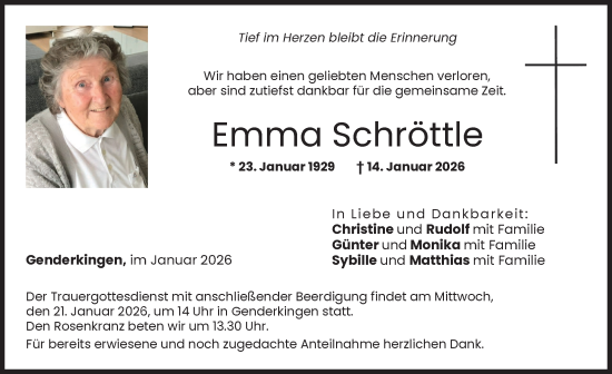 Traueranzeige von Emma Schröttle von Donauwörther Zeitung