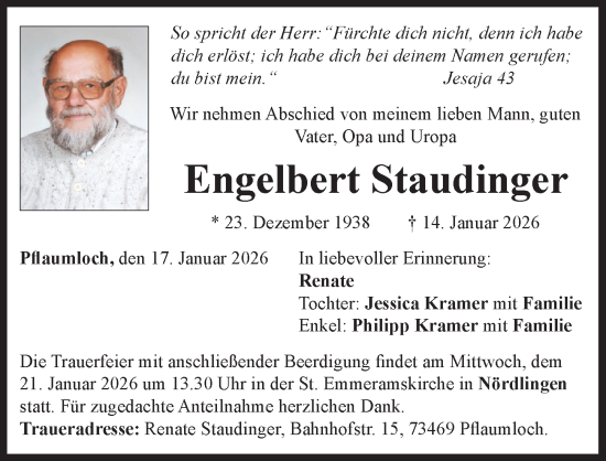 Traueranzeige von Engelbert Staudinger von Rieser Nachrichten