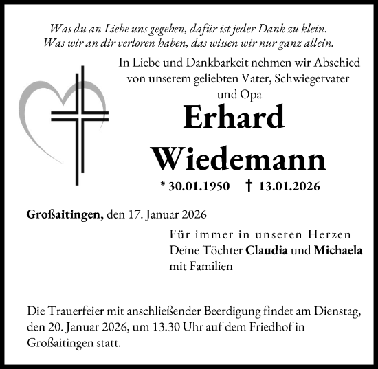 Traueranzeige von Erhard Wiedemann von Schwabmünchner Allgemeine