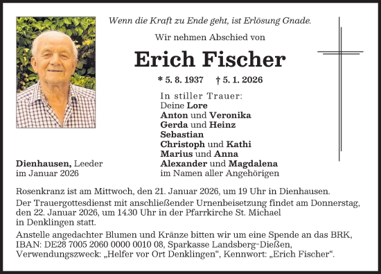Traueranzeige von Erich Fischer von Landsberger Tagblatt