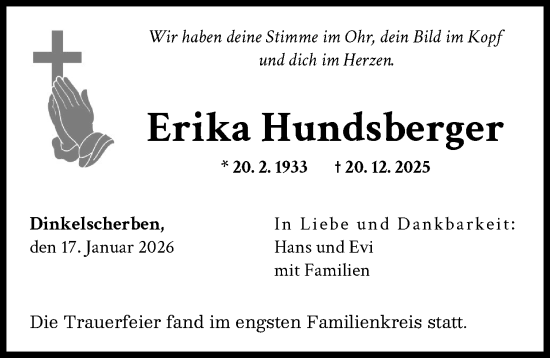 Traueranzeige von Erika Hundsberger von Augsburger Allgemeine