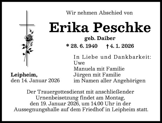 Traueranzeige von Erika Peschke von Günzburger Zeitung