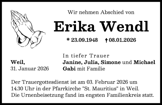 Traueranzeige von Erika Wendl von Landsberger Tagblatt