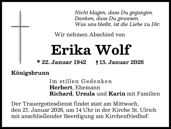 Traueranzeige von Erika Wolf von Schwabmünchner Allgemeine
