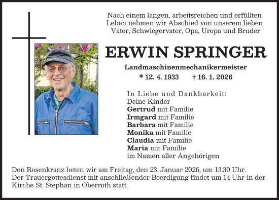Traueranzeige von Erwin Springer von Illertisser Zeitung