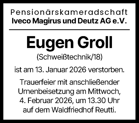 Traueranzeige von Eugen Groll von Neu-Ulmer Zeitung, Günzburger Zeitung, Illertisser Zeitung