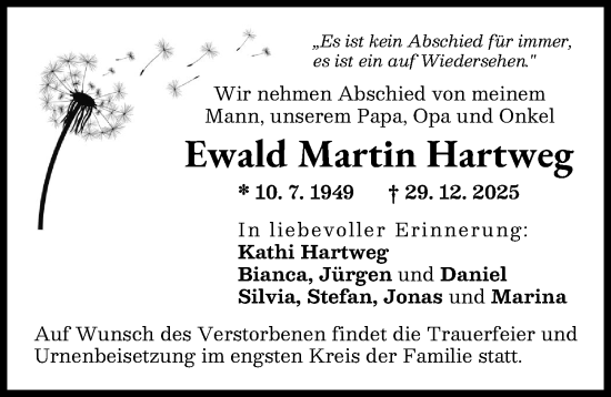 Traueranzeige von Ewald Martin Hartweg von Friedberger Allgemeine
