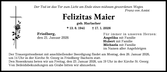 Traueranzeige von Felizitas Maier von Friedberger Allgemeine