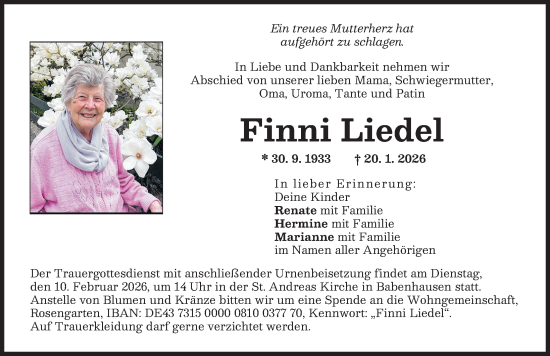 Traueranzeige von Finni Liedel von Illertisser Zeitung
