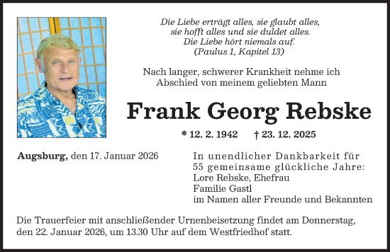 Traueranzeige von Frank Georg Rebske von Augsburger Allgemeine