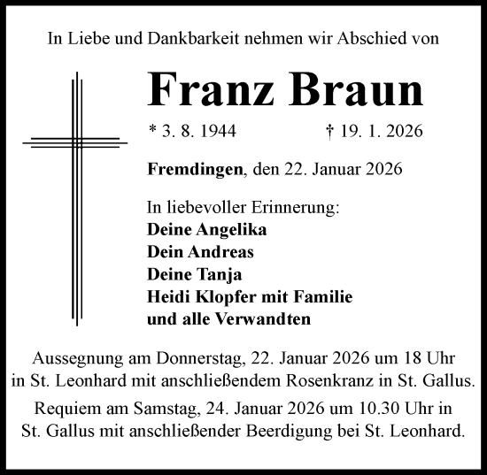 Traueranzeige von Franz Braun von Rieser Nachrichten