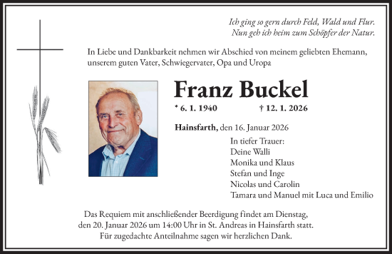 Traueranzeige von Franz Buckel von Rieser Nachrichten