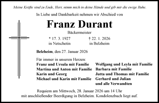 Traueranzeige von Franz Durant von Rieser Nachrichten