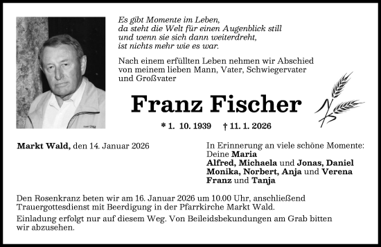 Traueranzeige von Franz Fischer von Mindelheimer Zeitung