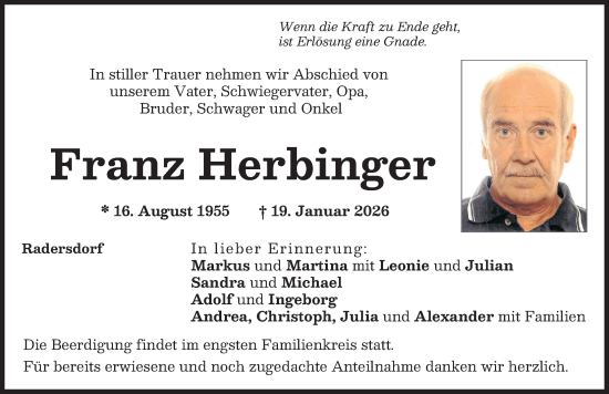 Traueranzeige von Franz Herbinger von Aichacher Nachrichten