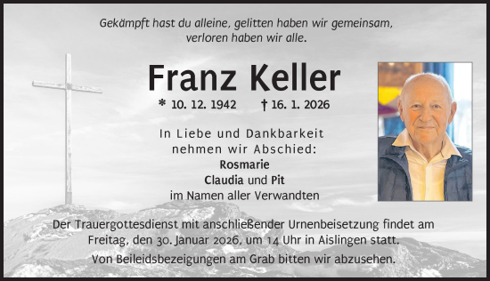 Traueranzeige von Franz Keller von Donau Zeitung